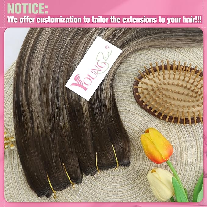 YoungSee 135G Brown Wire Hair Extensions Real Human Hair Balayage Hair Extension Invisible Wire Ombre Dark Brown with Ash Blonde Headband Hair Extension for Natural Look 24Inch