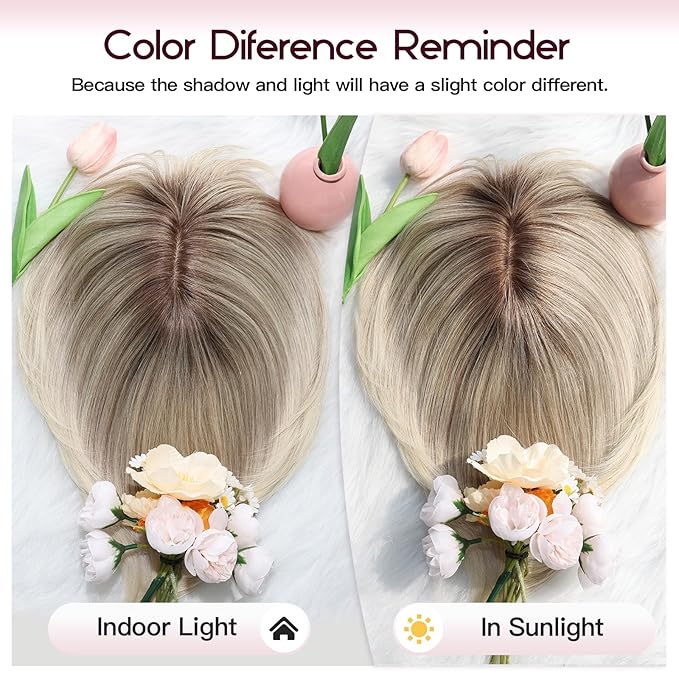 EMMOR Human Hair Toppers for Women Short Bob Real Hair with Bangs 10" Side Part Hairpieces for Women with Thin Hair 6.5" × 6.5" Larger Base Human Wig Toppers(Ombre Gray Blonde)