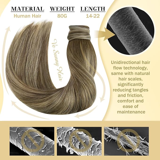 Ve Sunny Hair Extensions Ponytail Real Human Hair 80G Wrap Around Clip in Ponytail Hair Extensions Straight Extensions Human Hair for Women Walnut Brown Ombre Light Brown Balayage Blonde 14inch