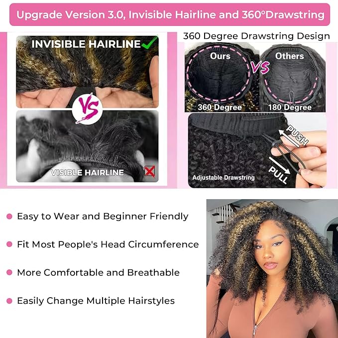 Kinky Curly Half Wig Human Hair 200% Density Ombre Wear Go Glueless Wigs Human Hair Hightlight Blonde Curly 3 In 1 Half Wigs for Women Drawstring Seamless Flip Headband Wig Beginner Friendly 18 Inch