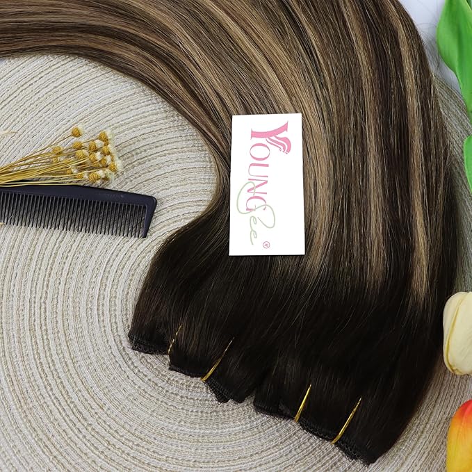 YoungSee 130G Wire Hair Extensions Real Human Hair Chocolate Brown Balayage Caramel Blonde Wire Hair Extensions Brown Fish Line Extension Remy Hair 22Inch