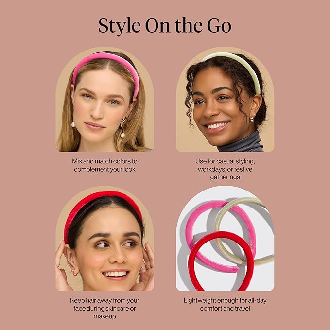 Kitsch Velvet Headbands for Women & Girls - No-Slip, Comfortable, Lightweight & Gentle on Hair – Ideal Hair Accessories for Holiday Outfits, Everyday Looks & Holiday Gift - Pink, Red & Green, 3pcs