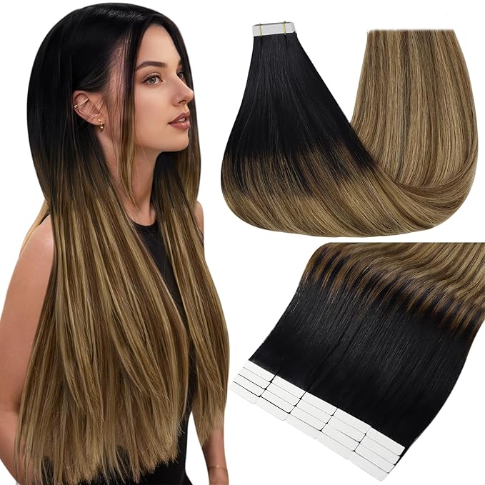 Full Shine Tape in Hair Extensions Human Hair 18 Inch Balayage Color 1B Off Black Fading to 6 Brown and 27 Honey Blonde 20PCS Invisible Double Sided Human Hair Extensions Tape in 50 Grams for Women