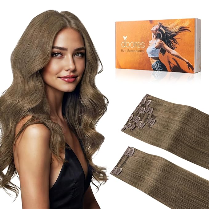 DOORES Clip in Hair Extensions, Light Ash Brown 150g 9pcs 24 Inch, Hair Extensions for Women Remy Natural Clip in Thick Silky Straight Weft