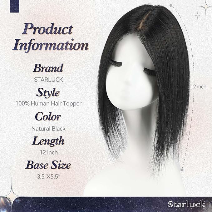 starluck Human Hair Toppers for Women Real Human Hair No Bangs 4 * 5.5 inch Base 12 inch SilkHug Topper for Women with Thinning Hair Cover Grey Roots(Natural Black)