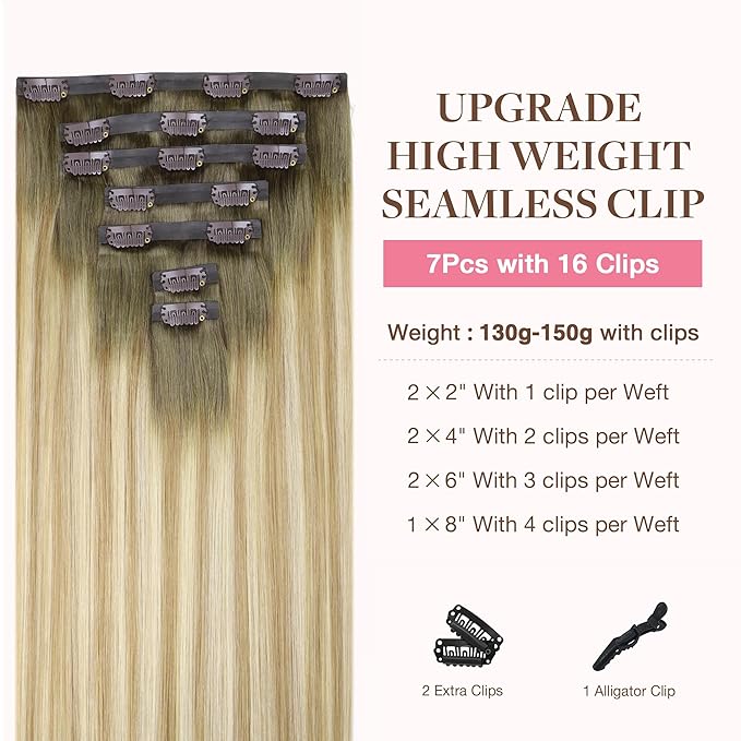GOO GOO Clip in Hair Extensions Real Human Hair, Remy Human Hair Extensions Clip ins for Women, Natural Human Hair, 22inch 150g 7Pcs, 5A/90/16F Bahamian Balayage