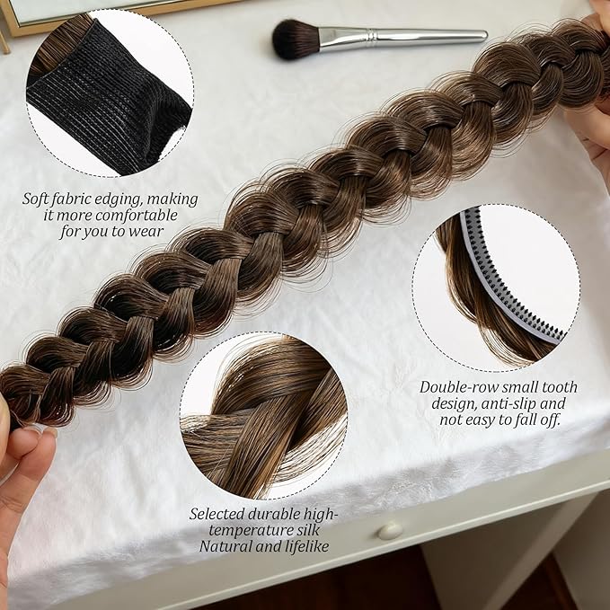 2PC Braided Headband with Tooth – Wide Faux Hair Braid Wig Hairband, Messy Fishbone & Geflochten Haarband Shape – for Women Fashion Accessories for Oktoberfest, Wedding, Parties, Comb Fit(Light Brown)