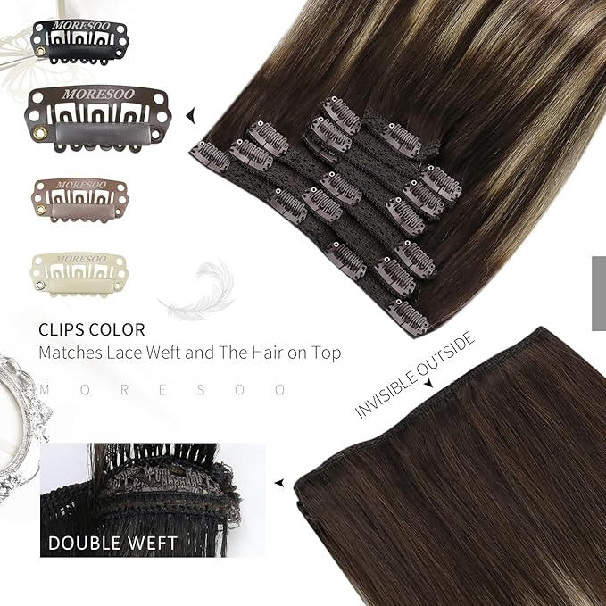 Moresoo Human Hair Clip in Extensions Balayage Dark Brown to Caramel Blonde with Dark Brown Remy Hair Extensions Clip in Straight Full Head 120g/7pcs 18 inch