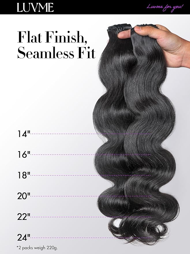 LUVME Body Wave Seamless 2 Pack 220g 14Pcs Clip in Hair Extensions Full Max with 16inch Remy Human Hair Extensions, Natural Black 100% Real Soft Hair
