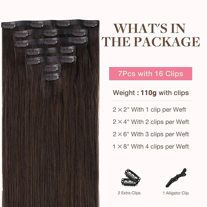 GOO GOO Clip in Hair Extensions Real Human Hair, Remy Human Hair Extensions Clip ins for Women, Natural Human Hair, 24inch 120g 7Pcs, 2A Light Brown
