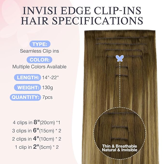 DOORES Invisible Clip in Hair Extensions 16 inch 130g 7pcs, Real Human Hair Invisi Edge Clip in Extensions, Virgin PU Clipins Straight Thickening, 6BT18D Medium Brown Highlighted Dirty Blonde
