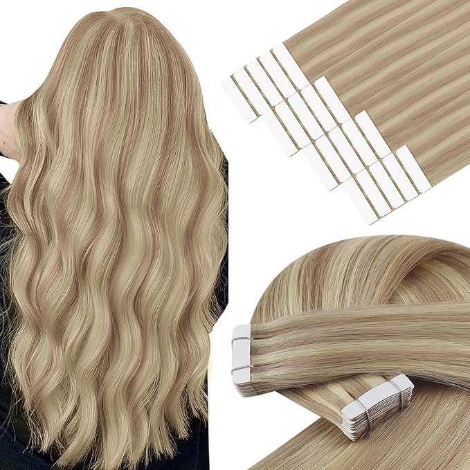 YoungSee Tape in Hair Extensions Human Hair Highlight Blonde Invisible Tape on Remy Hair Extensions Blonde Hair Extension Tapes in 22 Inch 20pcs 50g Long Straight Hair for Women