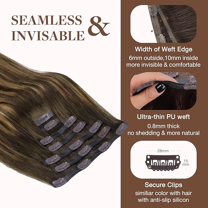 GOO GOO Clip in Hair Extensions Real Human Hair, Remy Human Hair Extensions Clip ins for Women, Natural Human Hair, 24inch 160g 7Pcs, 4/27/4 Balayage Chocolate Brown to Caramel Blonde