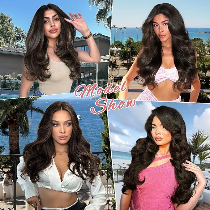 ALXNAN Long Wavy Hair Extensions for Women, Clip in Hair Extensions Clip Ins Soft Full Head Synthetic Hairpieces 20 Inch Black Brown