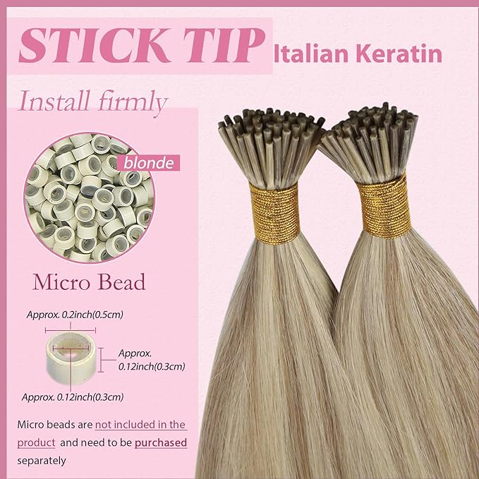 YoungSee I Tip Extensions Highlight Golden Blonde and Blonde Itip Human Hair Extensions Blond Itip Hair Extension Real Human Hair 16 Inch Keratin Tip Hair Extension Easy to Wear 80s 50g for Girls