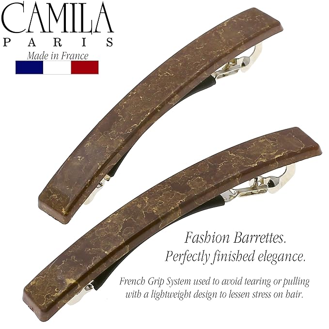 Camila Paris CP3075 French Hair Barrette Clip for Girls, Set of 2 Brown Rubberized Metal Clasp Strong Hold Grip Hair Clips for Women, No Slip Durable Styling Girls Hair Accessories, Made in France