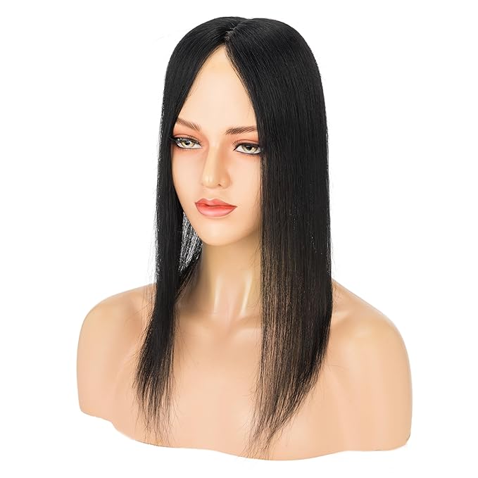 Hairro Human Hair Toppers Free Parted, 3.5x4.7" Base Hand-wovened 100% Real Hairpieces, with Invisible Clips-in for Women, for High Hairline/Adding Volume on Top, 12 Inch Jet Black