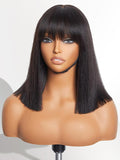 LUVME HAIR 12 Inch Light Yaki Straight Bob Wig with Bangs Human Hair Realistic HD Lace Short Black Bob Wigs, Ready to Go Blunt Cut Bob Wig Glueless 180 Density
