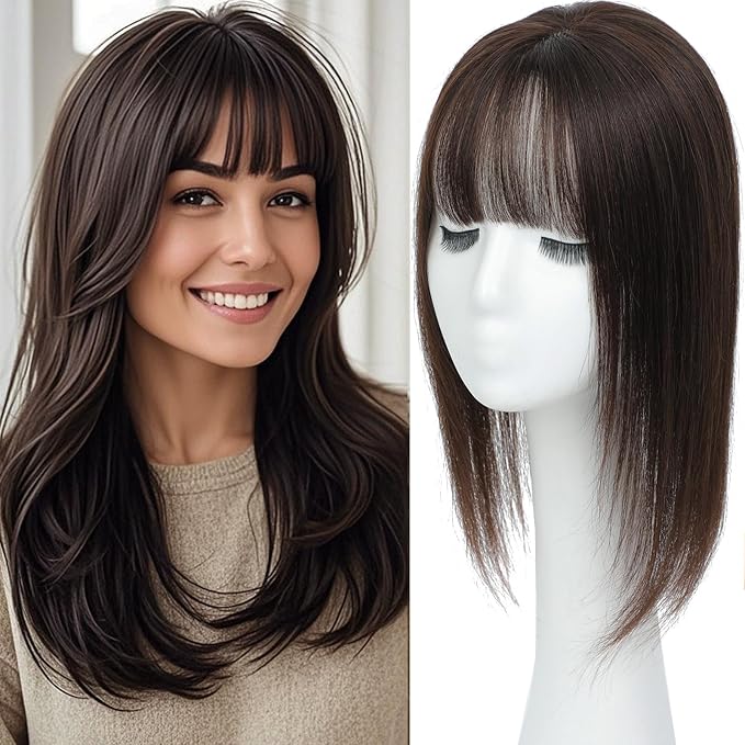 Hair Toppers for Women Real Human Hair, 360°3D Topper for Women with Thinning Crown Wispy Clip in Bangs Breathable Hand Tied Craft Big Coverage Hairpieces(Dark Brown（Big Coverage）, 14 Inch-3D-Wispy)