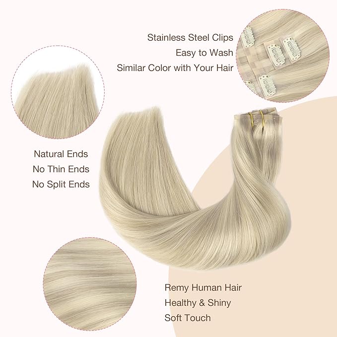 GOO GOO Clip in Hair Extensions Real Human Hair, Remy Human Hair Extensions Clip ins for Women, Natural Human Hair, 16inch 110g 7Pcs, 17A/60A Ash Blonde Highlighted Platinum Blonde