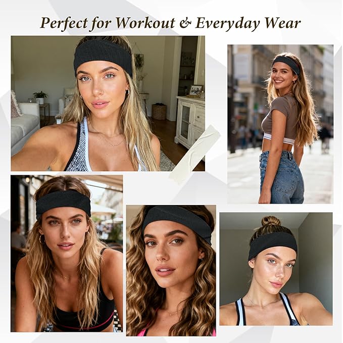 Black Headbands for Women Non-Slip Elastic Hair Bands, 6 Pack Stretchy Soft Cloth Sweat Bands, Fabric Workout Headband, Fashion Head Bands for Yoga Running Sports