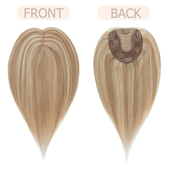 Hair Toppers for Women Real Human Hair No Bangs, 13 * 15 cm Larger Silk Base 150% Density Clip In Topper Hairpieces, Wiglet Top Pieces Add Volume -12 Inch 12 P613 Golden Brown&Bleach Blonde