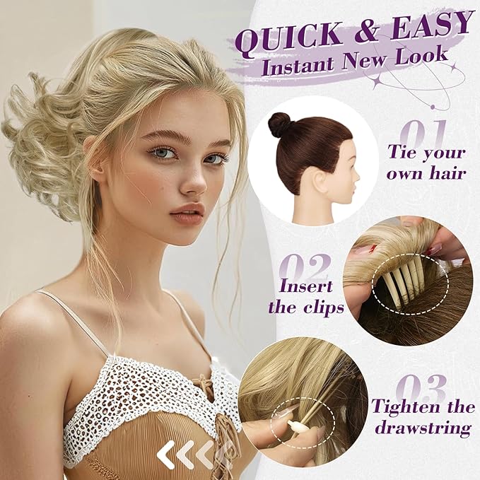 BARSDAR Short Blonde Drawstring Ponytail - 10 Inch Wavy Comb Clip Ponytail Extensions for Women - Synthetic Clip in Ponytails Hairpieces Fake Pony Tails Daily - Medium Blonde with Highlights