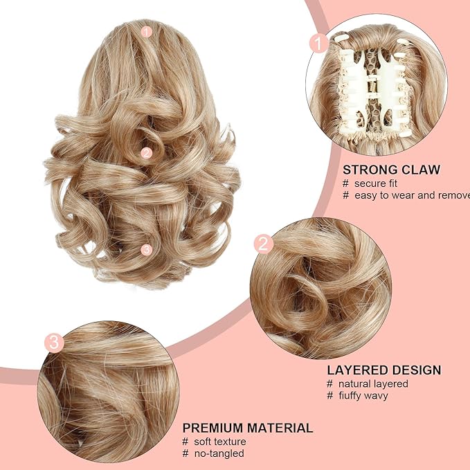 Ponytail Extension, Clip on Ponytails for Women, 9" Claw Clip in Short Curly Wavy Pony Hair Extension for Women - Blonde