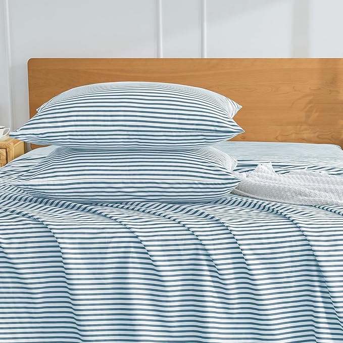 JELLYMONI 100% Natural Cotton Striped King Pillowcases Set, 2 Pack White and Grayish Blue Stripes Pattern Printed Pillow Covers with Envelope Closure(Pillows are not Included)