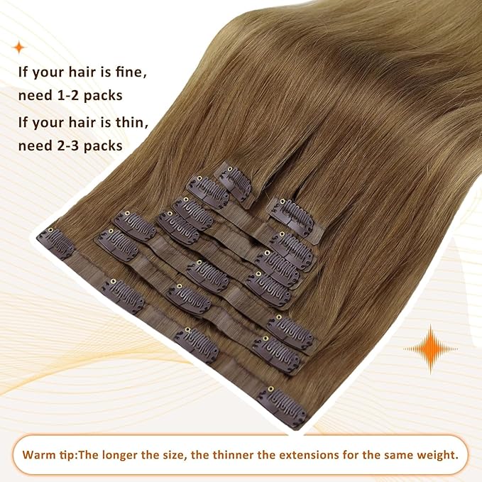 Full Shine Human Hair Clip in Extensions 16 Inch Clip in Hair Extensions Light Brown to Ash Blonde Real Hair Ombre Seamless Hair Extension with PU Skin Weft Softness 8 PCS 120 G