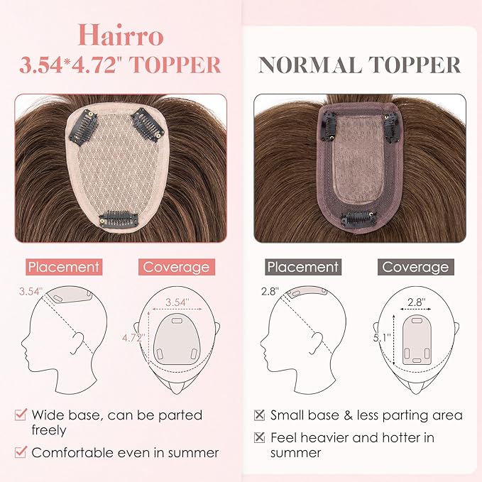Hairro Human Hair Toppers with Wispy Bangs, 3.5x4.7" Hand-wovened Base for Women with Thinning Hair, Lightweight & Breathable Realistic Scalp, Clip-in Hairpieces for Easy Wear, 16 Inch Dark Brown