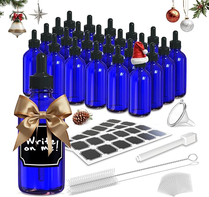 Nevlers Cobalt Blue Glass Bottle with Dropper 4 oz 24 Pack | Leakproof Glass Dropper Bottle Set w/Shrink Wrap, Funnel, Brush, Marker & Labels | Tincture Bottles with Droppers for Oils Serums Medicine