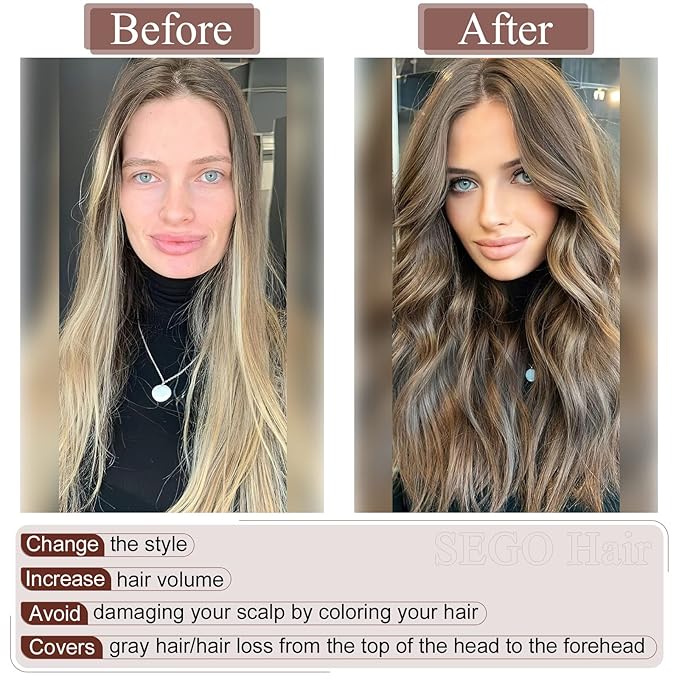 SEGO Real Human Hair Topper for Women, No Bangs Hair Topper with Anti-Slip Clips (8 Inch#4 Medium Brown)