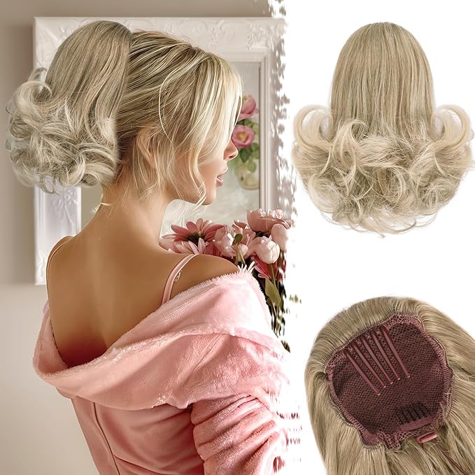 BARSDAR Ombre Blonde Drawstring Ponytail Extensions - 10 Inch Short Wavy Drawstring Comb Clip in Pony Tails Hairpieces for Women - Synthetic Short Wavy Blonde Ombre Ponytail Hair Extensions