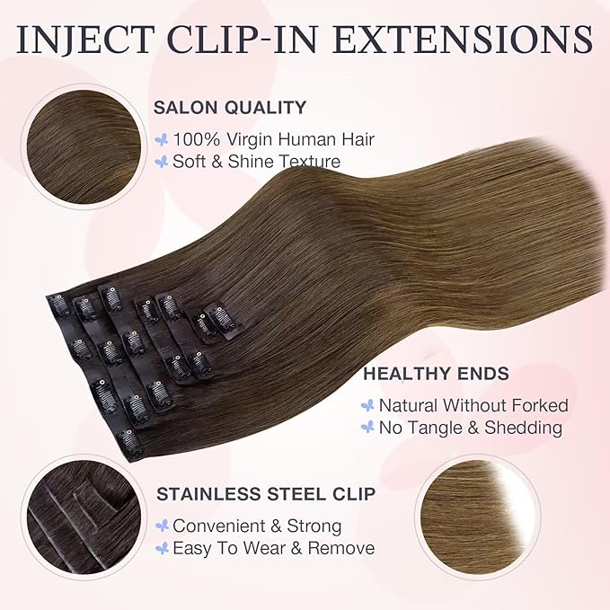 DOORES Invisible Clip in Hair Extensions 22 Inch 150g 7pcs, Real Human Hair Invisi Edge Virgin Clip ins Extensions Straight Thickening, 1D/2C/4E Natural Black to Dark Brown and Chocolate Brown