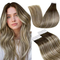 LaaVoo Human Hair Tape in Extensions Seamless Tape in Hair Extensions Human Hair Ombre Darker Brown Fading to Ash Brown Mix Light Blonde Hair Extensions Tape in 20 Inch 20pcs 50g