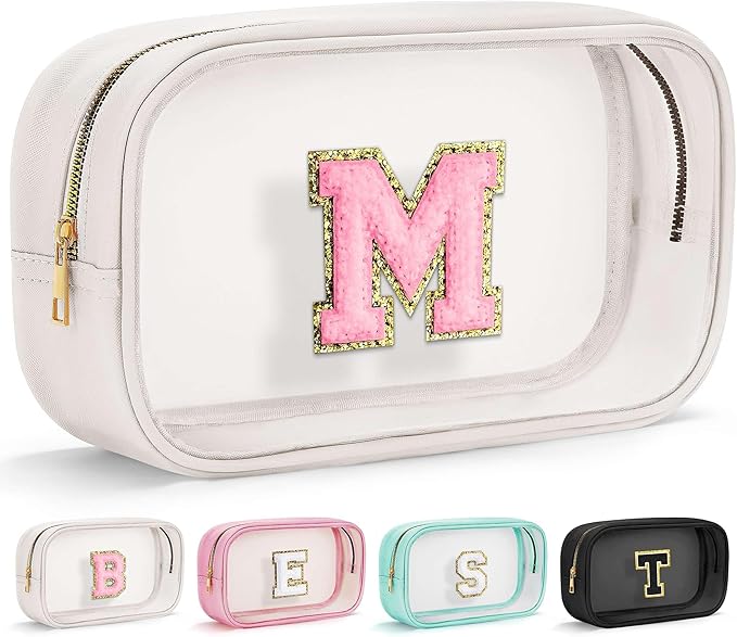YOOLIFE Initial Make Up Bag Travel Toiletry Bag, Clear Makeup Bag Preppy Cosmetic Bag Clear Makeup Bags With Zipper Girlfriend Teacher 6 Year Old Girl Gifts Daughter Gifts Swim Gifts For Girls White M