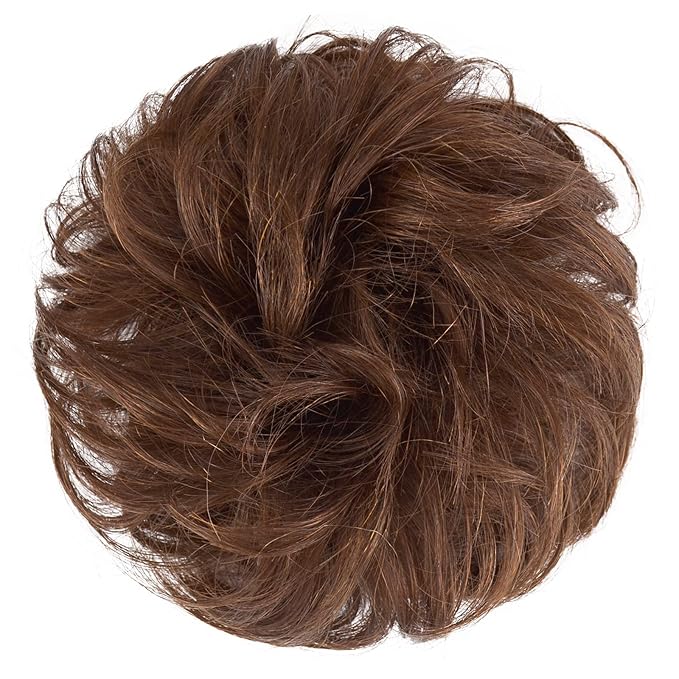 FESHFEN Women's Medium Auburn Wavy Curly Human Hair Messy Bun Hairpiece, 100% Real Hair, Easy to Use, Suitable for All Occasions