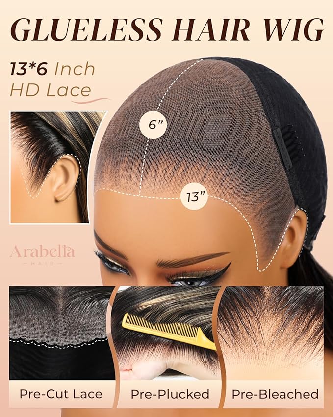 Arabella 13x6 Balayage Wig Human Hair Glueless Wigs Human Hair Pre Plucked Pre Cut 13x6 Ear to Ear Full HD Lace Front Wigs 210% Density 1B/27 Straight Wig Drawstring Wig Human Hair 22 Inch
