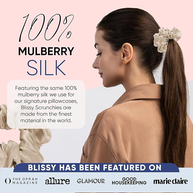 Blissy Silk Scrunchies (3 Pack) - 100% Pure Mulberry Silk - 22 Momme 6A High-Grade Fibers Scrunchie for Straight & Curly Hair - Preventing Breakage, Tangling, & Creasing (Champagne Regular)