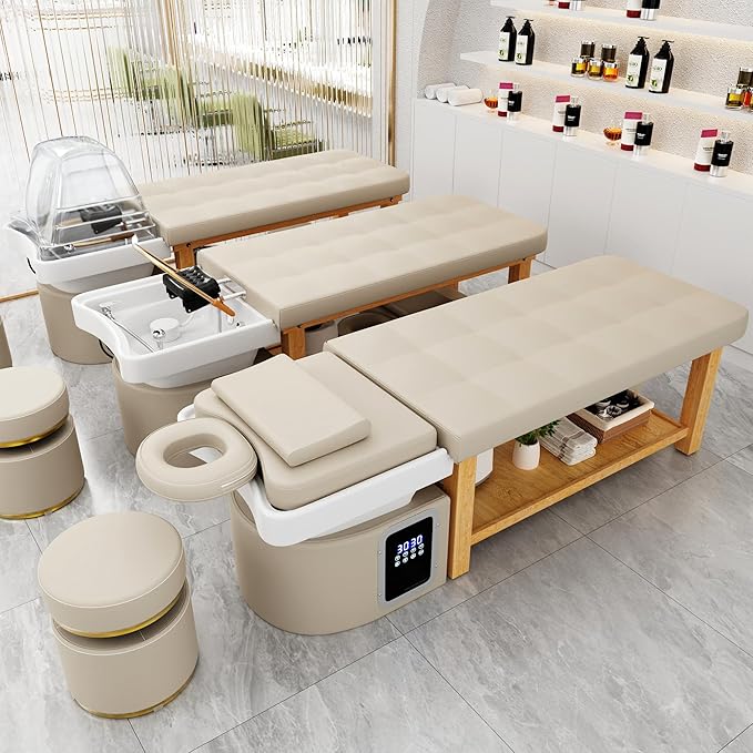 pouseayar Stationary Head Spa Massage Table with Water Cycle & Fumigation Salon Equipment for Beauty Head Spa Physical Therapy Massage, Wood Frame, Beige Gray PU Leather