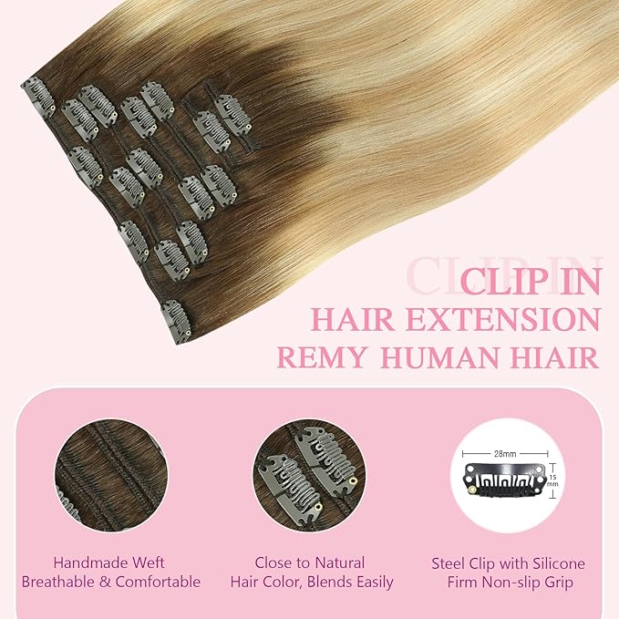 PINKPEARL Clip in Hair Extensions Real Human Hair, Remy Human Hair Extensions Clip ins, 20inch 120g 7Pcs, #4/27/60 Balayage Chocolate Brown to Caramel Blonde and Platinum Blonde(#4/27/60-20)
