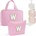 YOOLIFE Hanging Toiletry Bag for Women - Travel Toiletry Bag Makeup Bag, Portable Toiletries Cosmetic Bag, Airplane Travel Essentials - Letter W, Pink