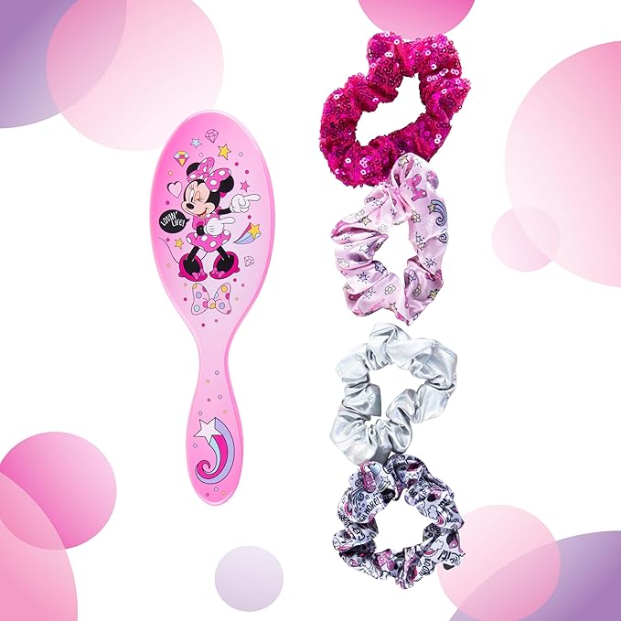 LUV HER Disney Junior Minnie Mouse Hair Accessory 5 Pcs Set - 1 Large Minnie Mouse Hair Brush + 4 Scrunchies