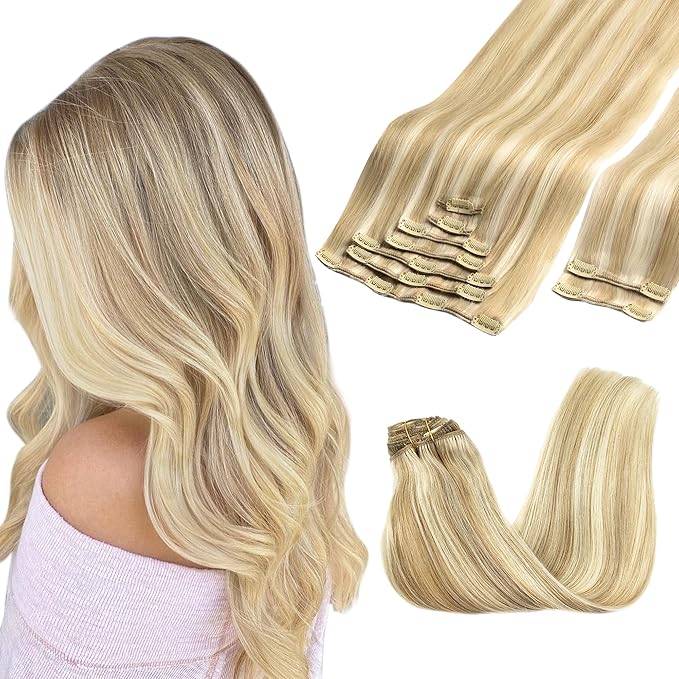 GOO GOO Clip in Hair Extensions Real Human Hair, Remy Human Hair Extensions Clip ins for Women, Natural Human Hair, 22inch 150g 9Pcs, 18A/613A Dark Blonde Highlighted Bleach Blonde