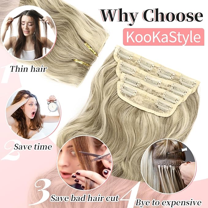 KooKaStyle Clip in Synthetic Highlight Hair Extensions Long Wavy 4PCS Thick Hairpieces Ashy Beige Blonde Balayage Fiber Double Weft Natural Hair Extensions 24 Inch for Women