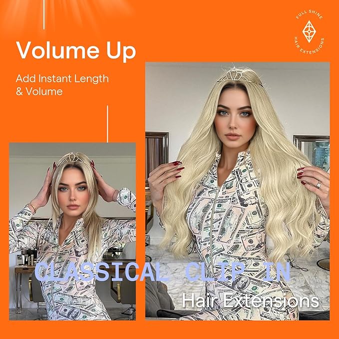 Full Shine 24 Inch Clip in Hair Extensions Blonde Human Hair Clip ins for Long Hair Triple Weft Invisible Remy Human Hair Clip in Extensions 7 Pcs 120 G