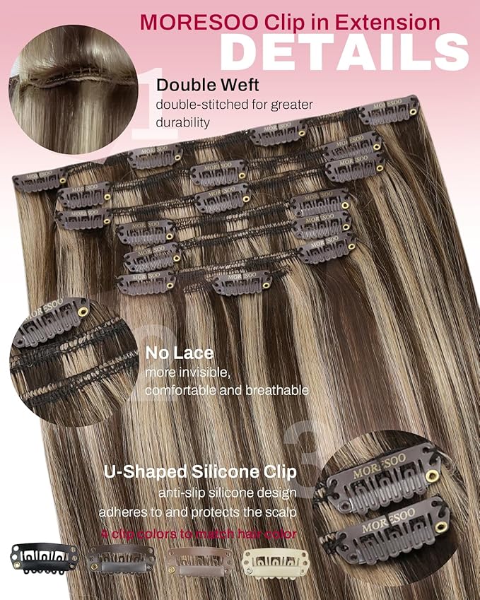 Moresoo Clip in Hair Extensions Human Hair Dark Brown Highlight Double Weft Human Hair Clip in Extensions Dark Brown with Caramel Blonde 7pcs 120g 22Inch