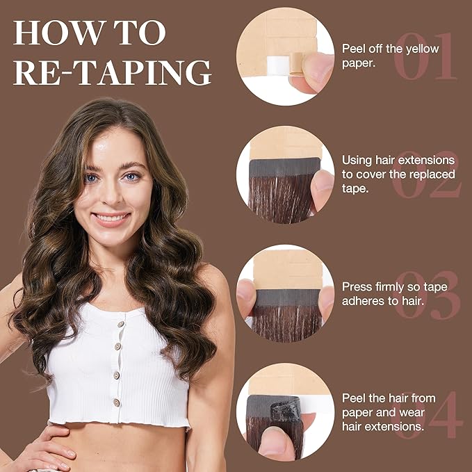GOO GOO Tape in Hair Extensions Human Hair, 2C/4E/6C Brown Sugar Swirl Highlights, 12inch 40g 20pcs, Skin Weft Seamless Invisible, Silky Straight with Thick Ends, Remy Human Hair