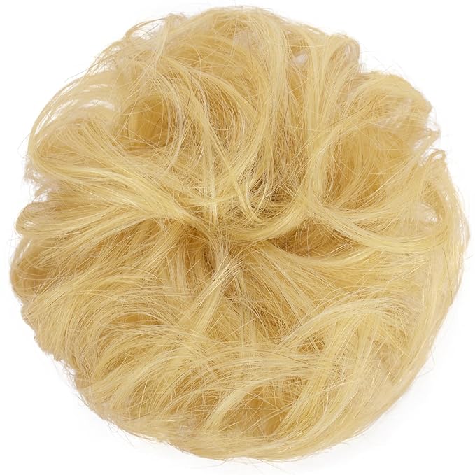 FESHFEN Human Messy Buns - 100% Human Hair Bun Real Scrunchies Hair Pieces Ponytail Extensions Wavy Tousled Updo Chignon Hairpieces for Women，Mixed Blonde